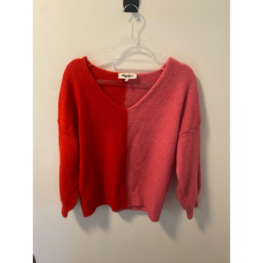 Haptics Red & Pink Colorblock V-Neck Sweater-Size S